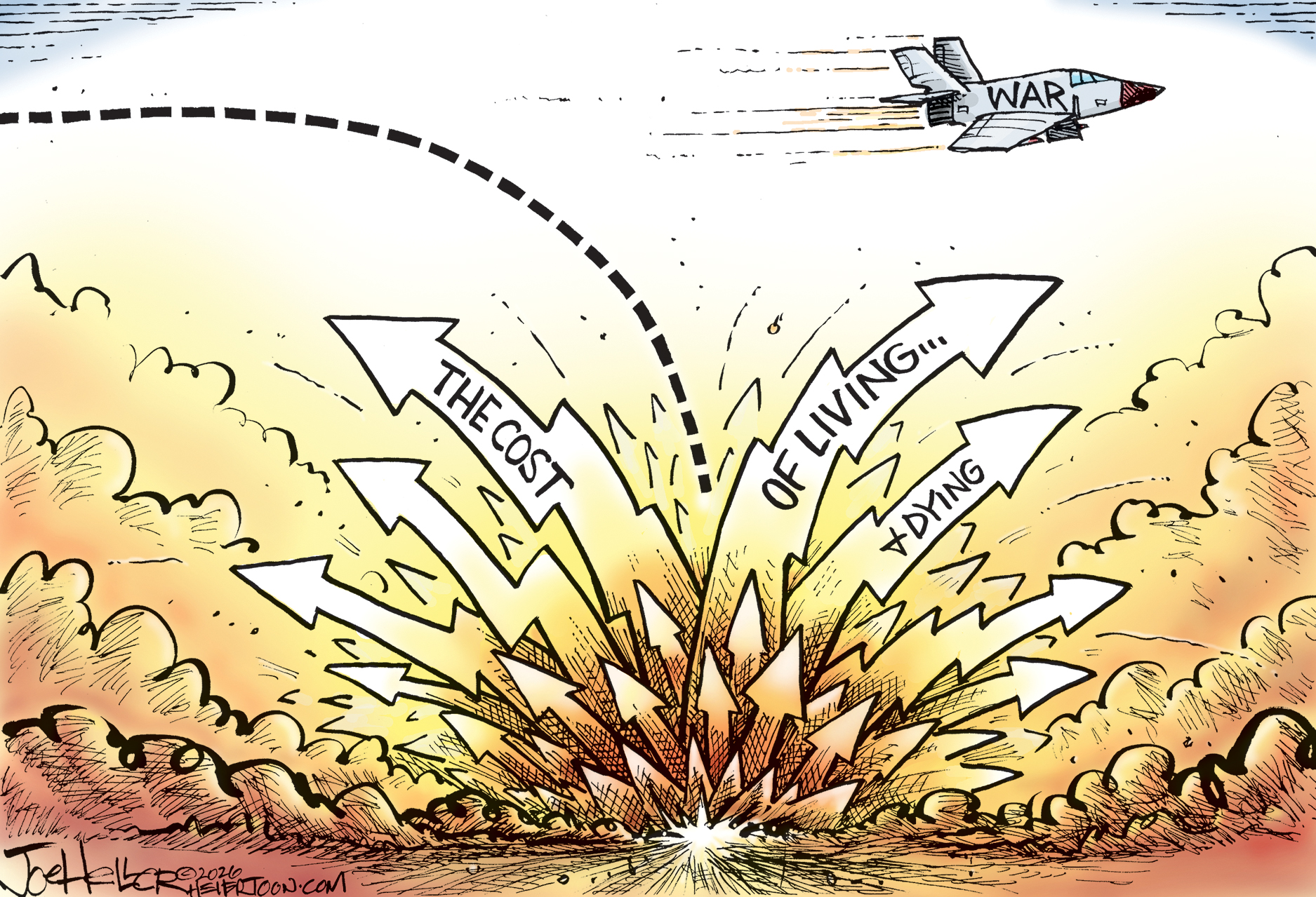 This cartoon depicts a jet labeled &amp;ldquo;WAR&amp;rdquo; dropping bombs on a desert landscape. The explosions from the bombs are shaped like arrows and are labeled, &amp;ldquo;The cost of living &amp;amp; dying.&amp;rdquo;