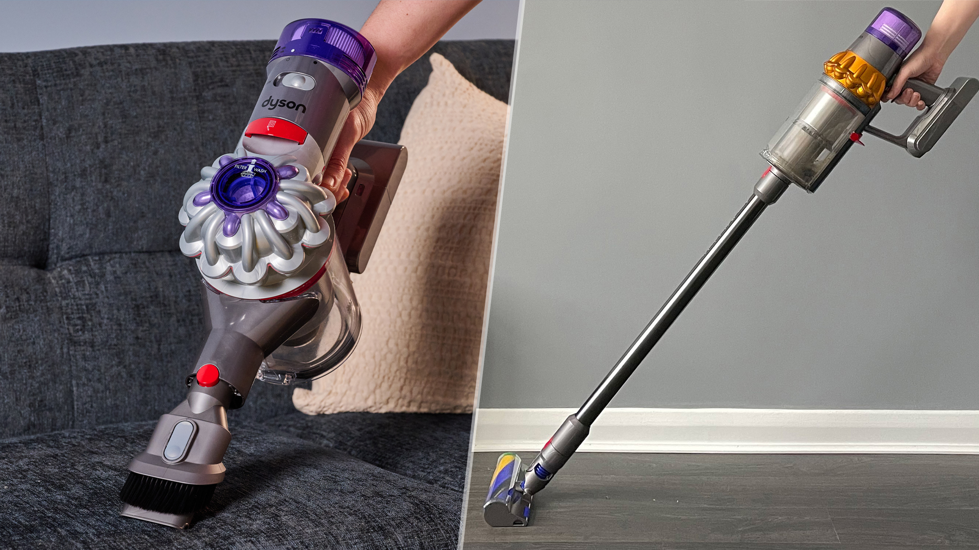 Dyson V8 vacuum (left) and V15 (right)
