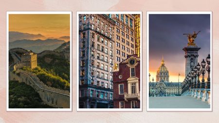 Great Wall of China, buildings in Boston and bridge in Paris