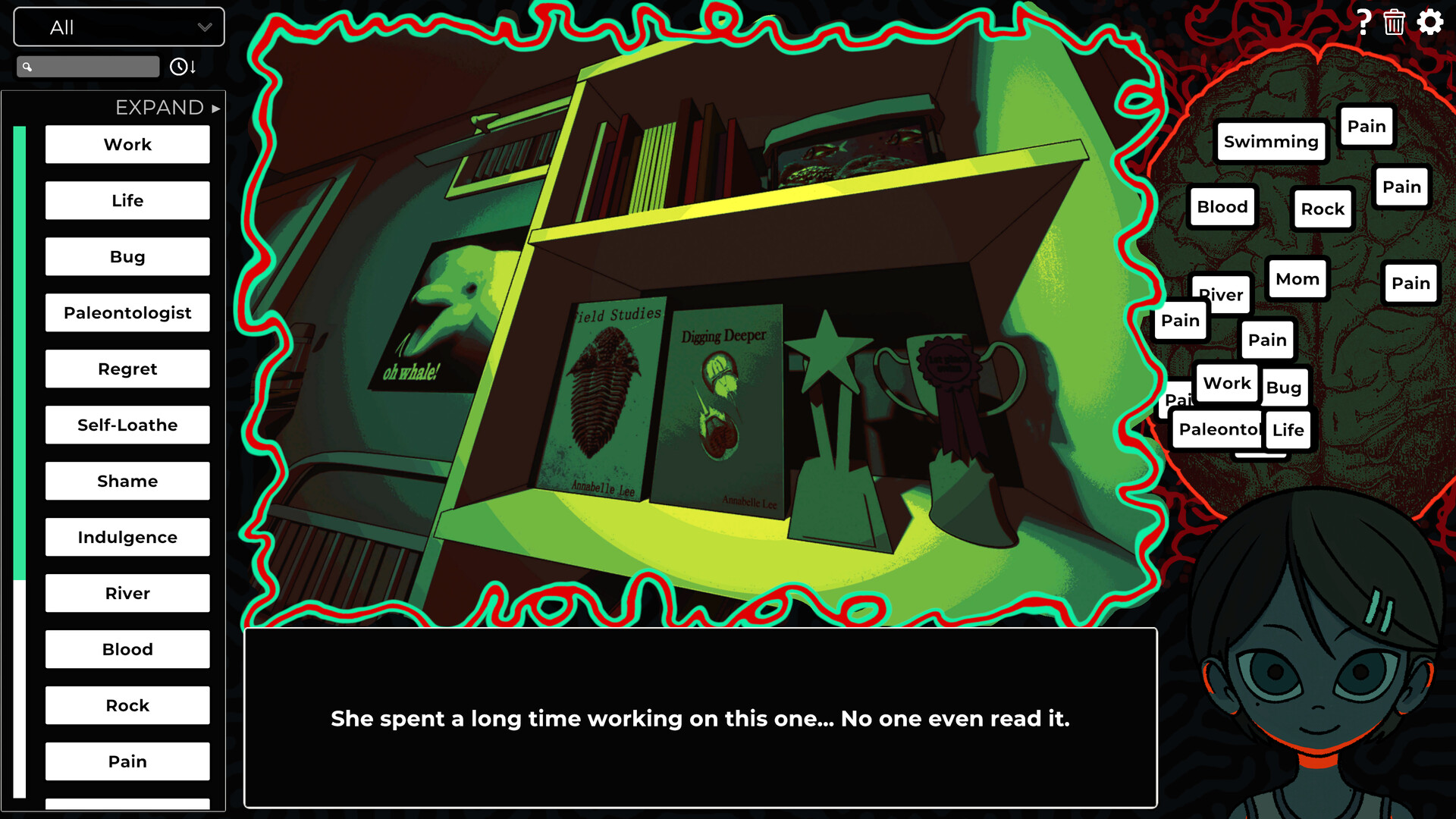 In physiological horror game, Am I Nima, words connect to objects and be used to unearth memories and feelings from protagonist Nima, who has lost her memories