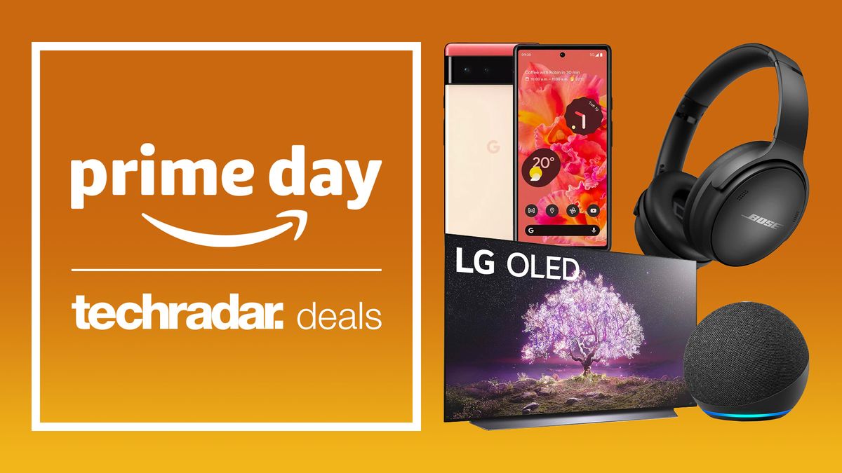 Sign saying Prime Day deals, with four technology products arrange nearby