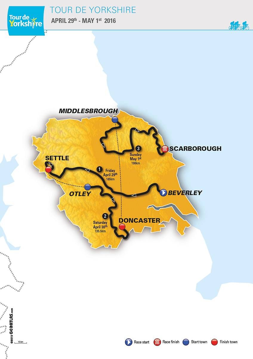 The map of the three stages of the 2016 Tour de Yorkshire