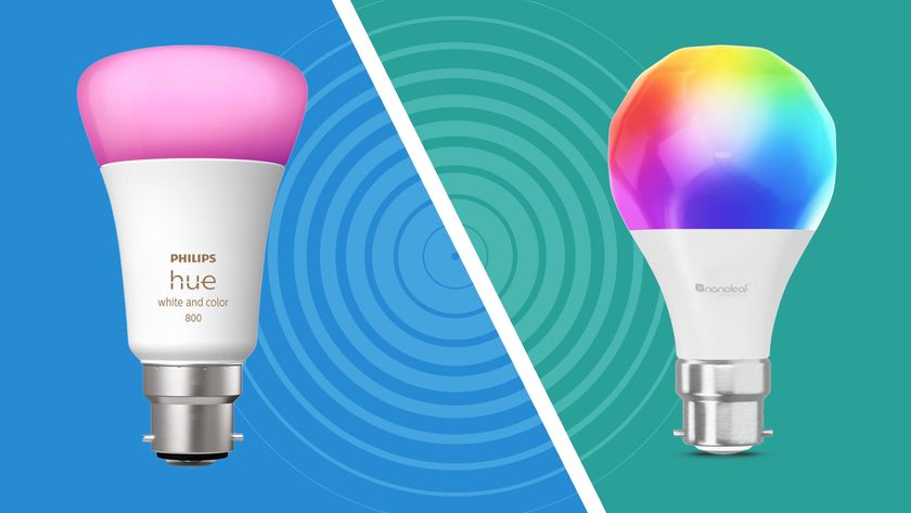 Philips Hue and Nanoleaf smart light bulbs on blue and teal background