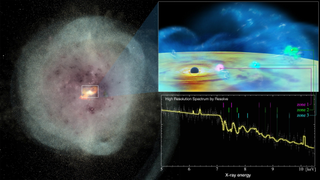 An illustration of the supermassive black hole IRAS 05189-2524 which the XRISM spacecraft watched spring back to life