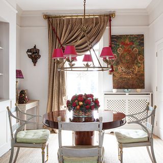 Traditional dining room with leopard print curtain
