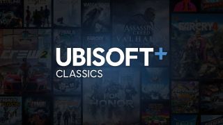 Ubisoft+ Classics logo in white against a background that shows a collection of Ubisoft games