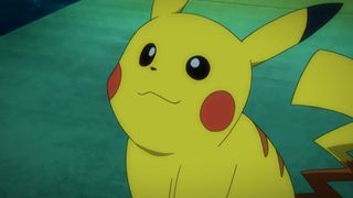 Pokemon Sun and Moon anime screenshot showing Pikachu, a small yellow creaure with bright red circles on his cheeks and lengthy pointy ears