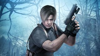 Leon holding gun in Resident Evil 4