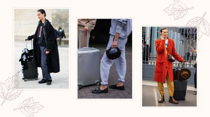 how to build a capsule wardrobe for travel: women with suitcases snapped in street style shots