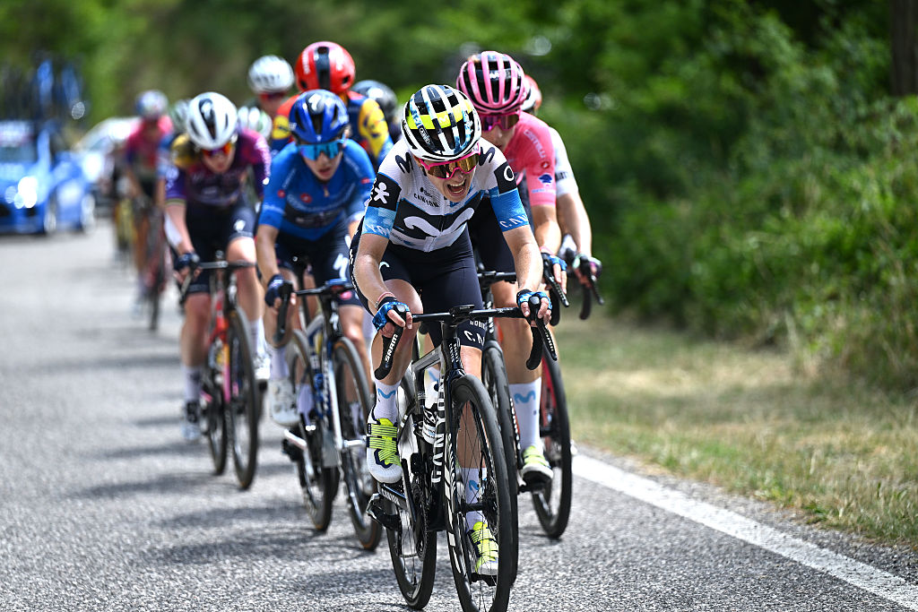 MONTE NERONE, ITALY - JULY 12: Sara Martin of Spain and Team Movistar attacks during the 36th Giro d'Italia Women 2025, Stage 7 a 150km stage from Fermignano to Monte Nerone 1396m / #UCIWWT / on July 12, 2025 in Monte Nerone, Italy. (Photo by Luc Claessen/Getty Images)