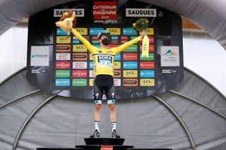 SAUGUES FRANCE MAY 31 Lukas Pstlberger of Austria and Team Bora Hansgrohe yellow leader jersey celebrates at podium during the 73rd Critrium du Dauphin 2021 Stage 2 a 1728km stage from Brioude to Saugues 935m Mask Covid safety measures Mascot UCIworldtour Dauphin on May 31 2021 in Saugues France Photo by Bas CzerwinskiGetty Images