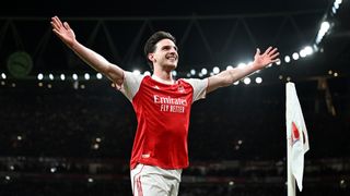 Declan Rice of Arsenal celebrates scoring his a goal during a UEFA Champions League 2025/26 match.