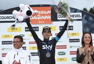 Mikel Nieve on the podium after winning Stage 8 of the 2014 Criterium du Dauphine