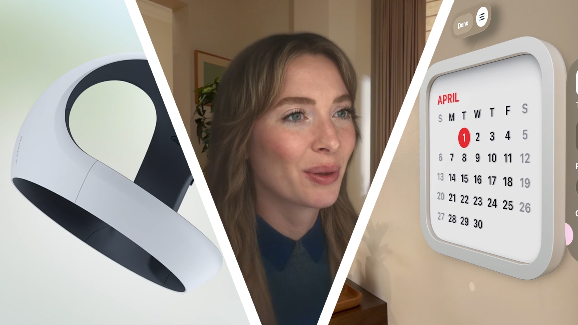A PlayStation VR controller next to a new visionOS 26 Persona of a woman, next to a digital calendar in the Apple Vision Pro