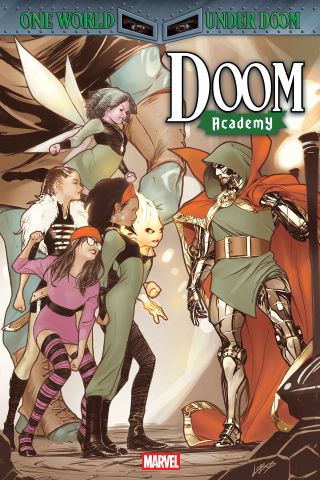 Doctor Doom facing off with the students of Doom Academy