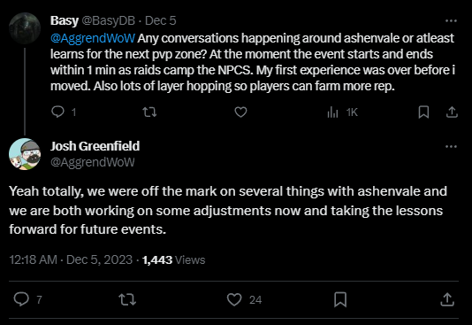 A post that reads: Yeah totally, we were off the mark on several things with ashenvale and we are both working on some adjustments now and taking the lessons forward for future events.