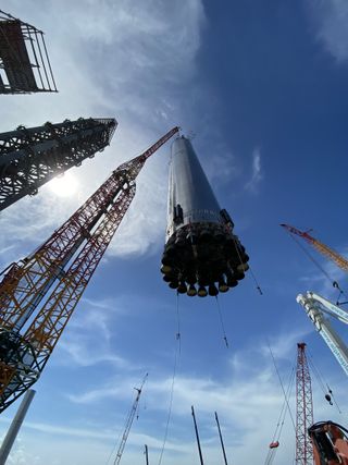 Another look at Booster 4's launch-stand lift, also posted on Twitter by Elon Musk on Aug. 4, 2021.