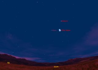 This sky map shows the Saturn triangle configuration of the ringed planet, the bright star Spica and the moon on June 10 at 9 p.m. local time to skywatchers in mid-northern latitudes.