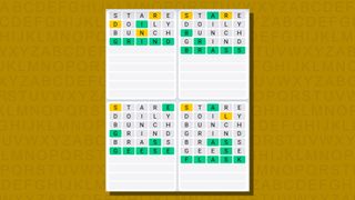 Quordle daily sequence answers for game 763 on a yellow background