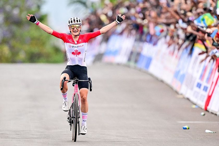 Canada Magdeleine Vallieres Mill celebrates as she crosses the finish line at the elite women road race (164,6 km) at the cycling road World Championships in Kigali, Rwanda, Saturday 27 September 2025. The 2025 UCI Road World Championships take place from 21 to 28 September in Kigali, Rwanda. BELGA PHOTO DIRK WAEM (Photo by DIRK WAEM / BELGA MAG / Belga via AFP)