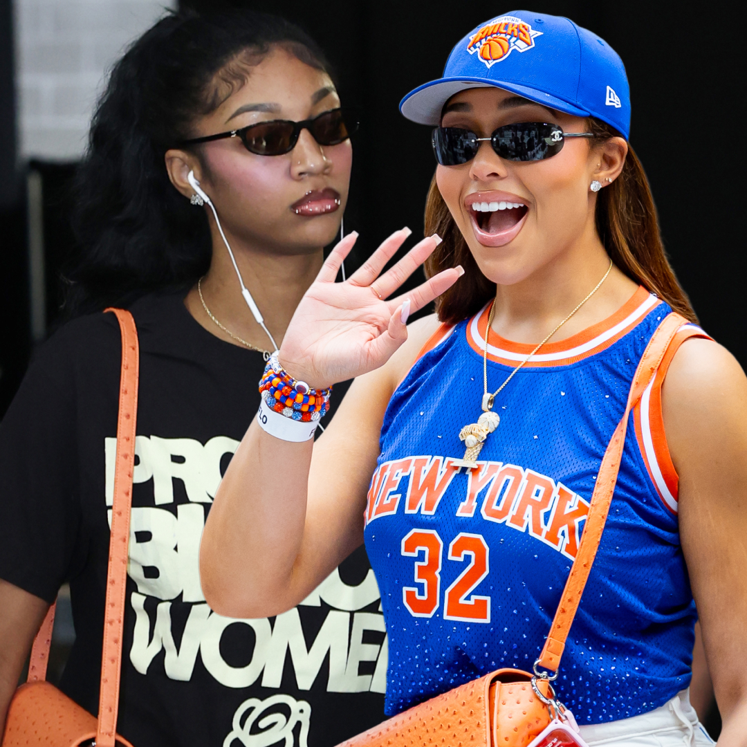 Angel Reese arrived at Game 5 of the WNBA Finals in a Protect Black Women T-shirt and Jordyn Woods's "lucky" orange New York Knicks bag