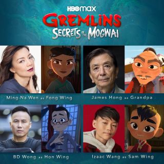 Ming-Na Wen, James Hong, B.D. Wong, and Izaac Wang pictured side-by-side with their characters for Gremlins: Secret of the Mogwai.