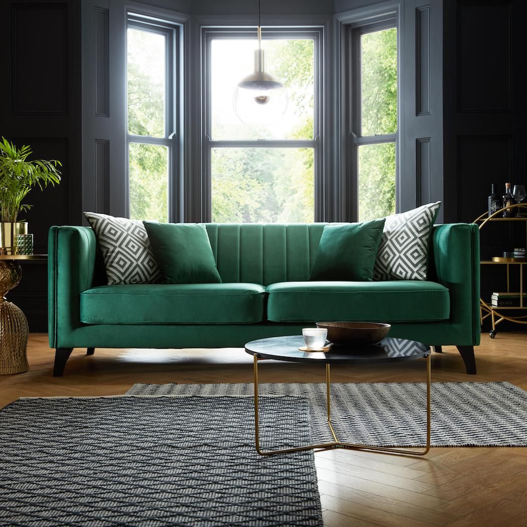 green sofa living room velvet fluted reeded fluting reeding