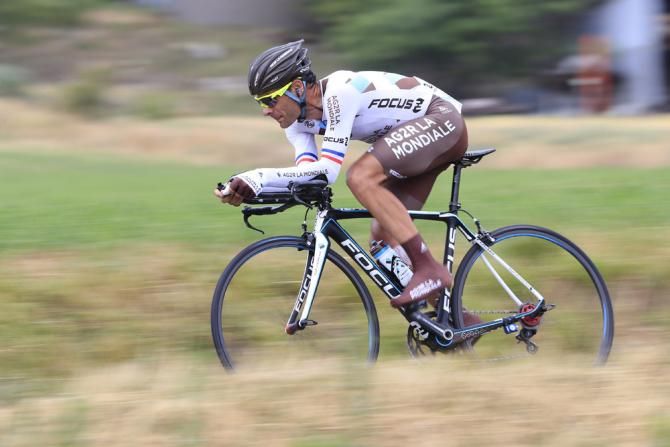 A battered Jean-Christophe Peraud (AG2R La Mondiale) in action during the stage 17 time trial. After crashing heavily during course recon, the Frenchman would crash again during his TT and withdrew from the Tour.