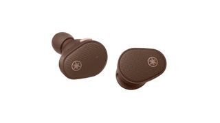 Yamaha TW-E5B earbuds in brown on white background