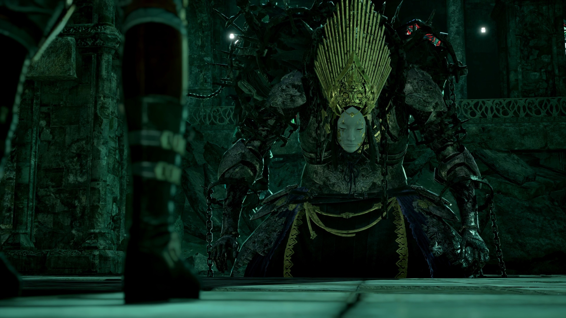 Code Vein 2 Josee: Josee the Blind Hero on her knees, with the player's feet just in frame on the left.