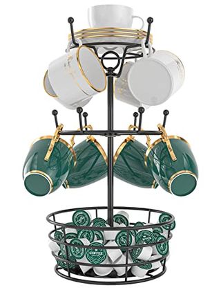 Visentor Coffee Mug Holder Tree Stand - Rotatable Metal Coffee Mug Rack Holder, 3 Tiers Handle Coffee Cup Holder for 10 Mug Hooks With Cup Pods & Saucer Basket Storage for Bar Kitchen Counter Black