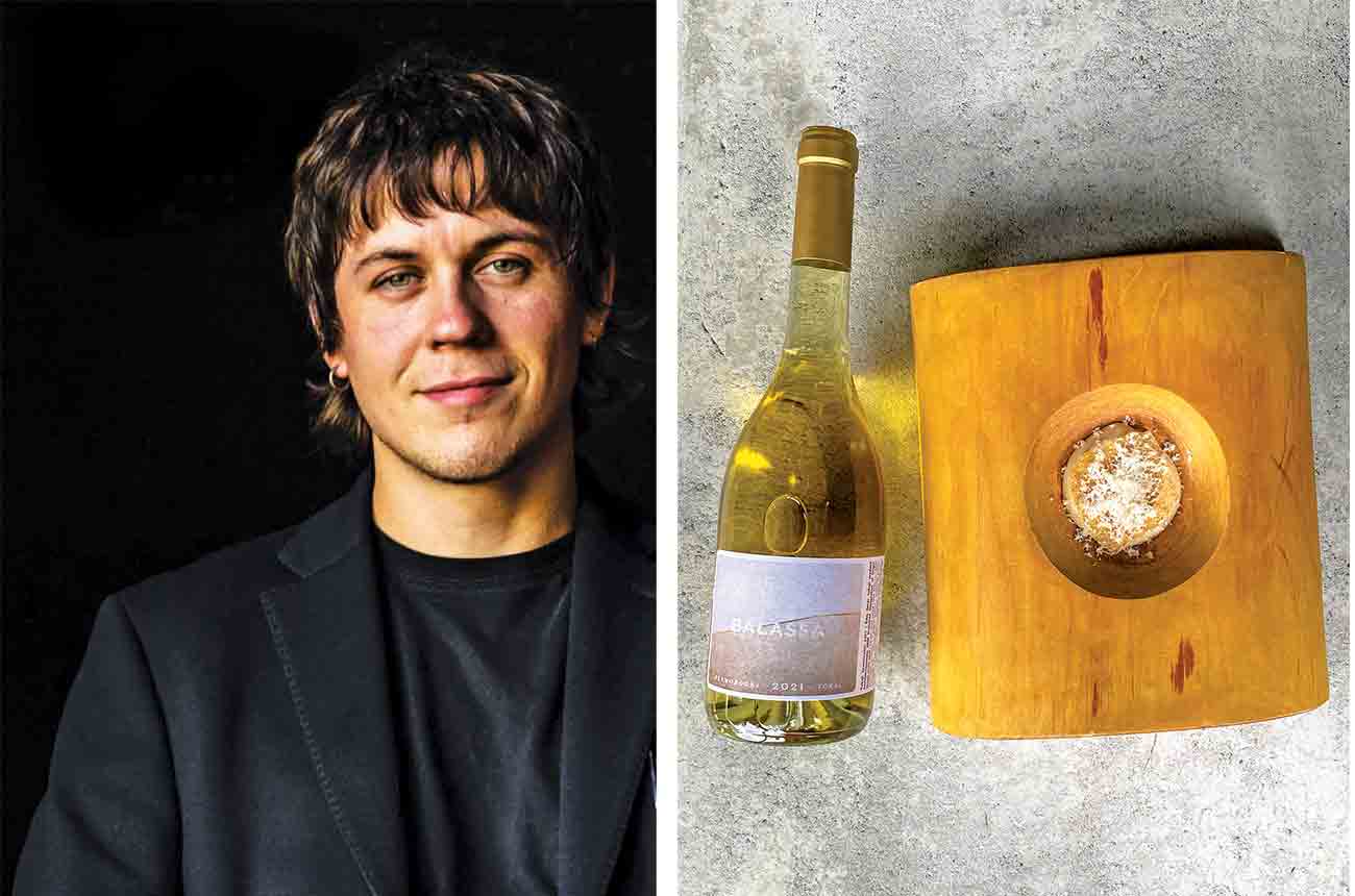 Wine &amp;amp; beverage director, Rory Eaton matches Balassa, Szamorodni 2021 with Duck liver mousse with Bramley apple, puffed spelt and spelt tuile, smoked eel