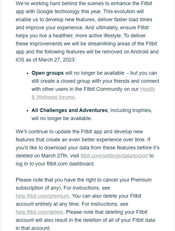 Fitbit's email explaining the removal of features