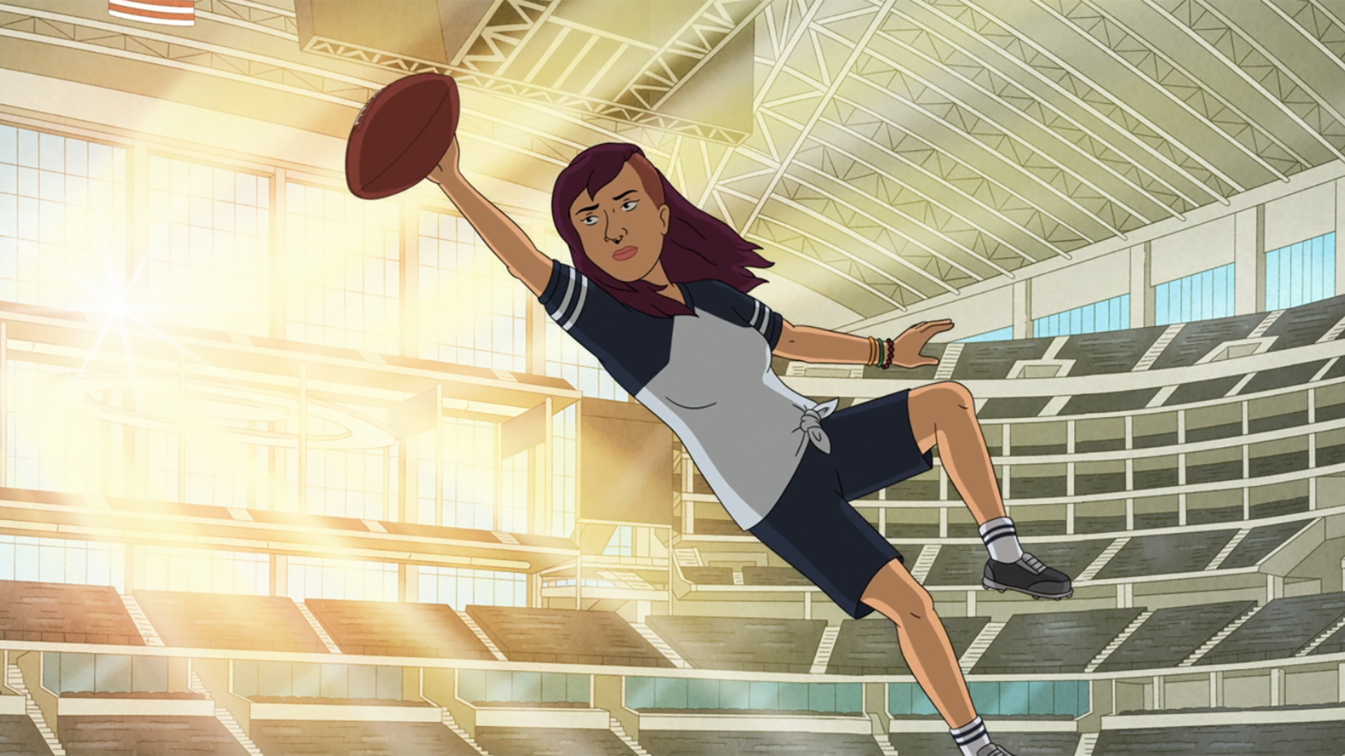 Bobby&#039;s new girlfriend Willow catching a football while leaping high into the air