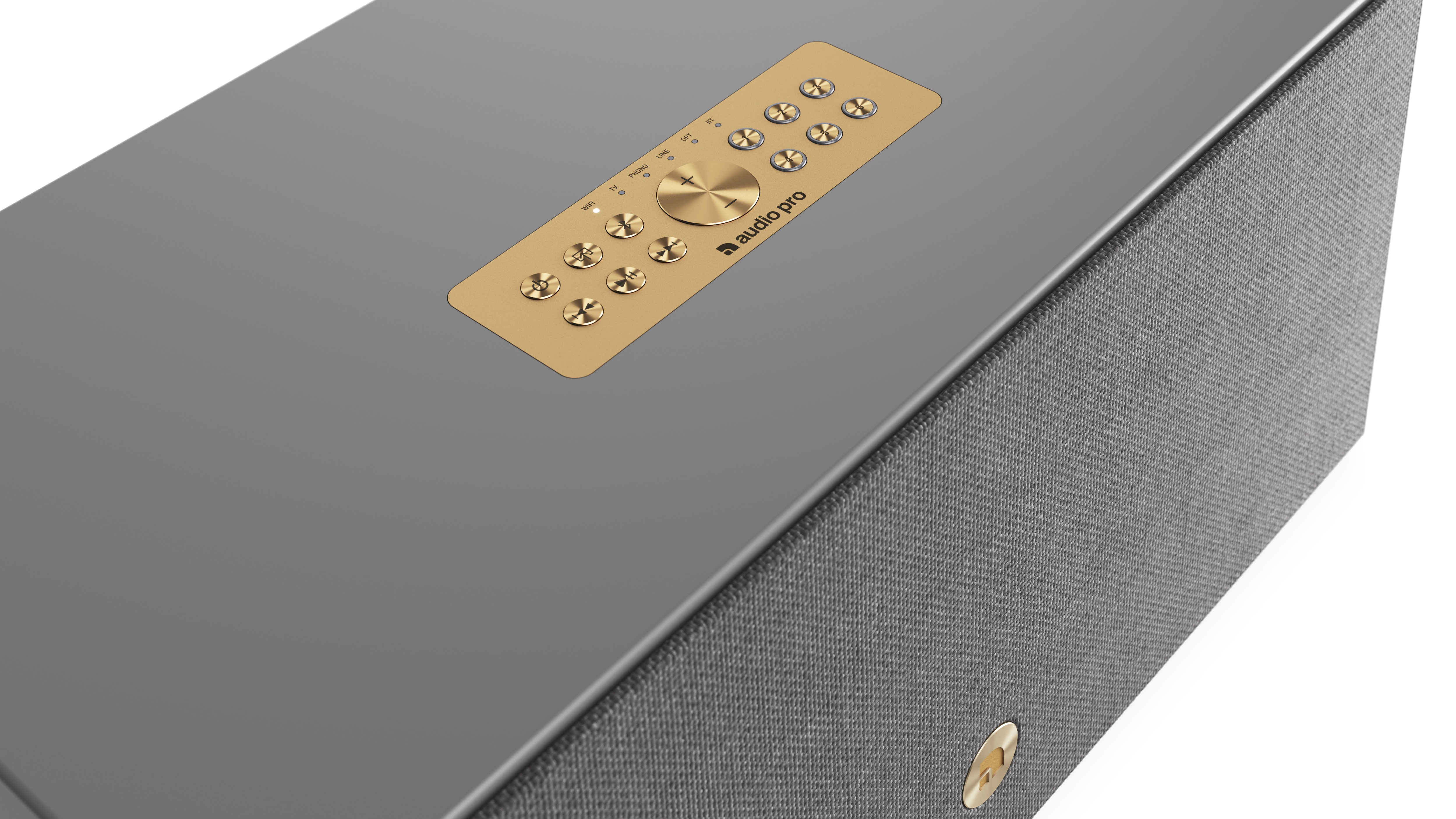 Audio Pro C20 W in grey finish showing control buttons on top of the unit