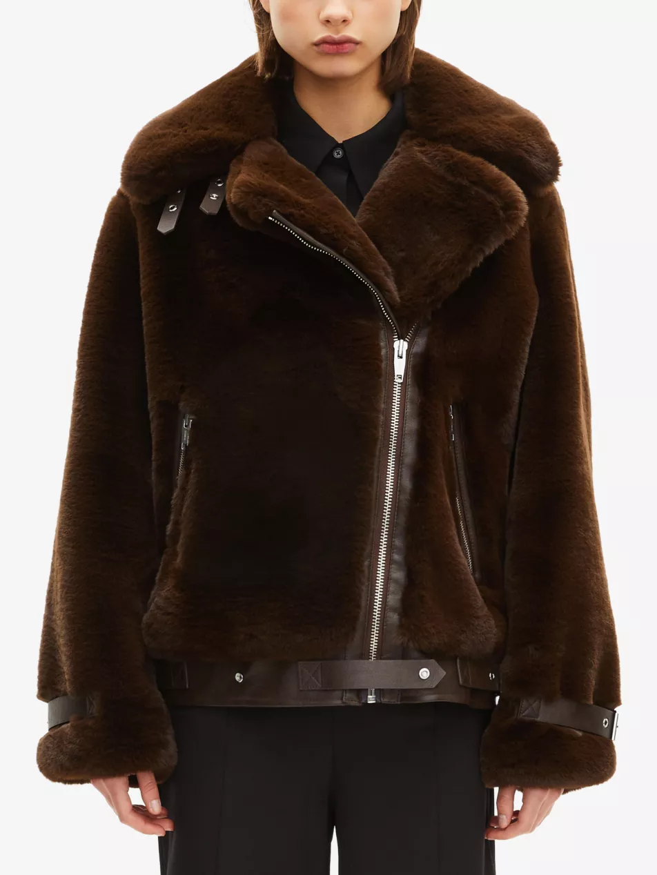 Belted-Hem Faux-Fur Aviator Jacket