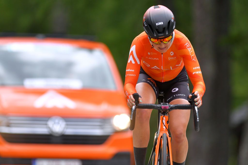 CASCATE DEL TOCE ITALY JULY 05 Holly Breck of United States and Team Rally Cycling during the 32nd Giro dItalia Internazionale Femminile 2021 Stage 4 a 112km Individual Time Trial from Fondovalle to Cascate Del Toce 1714m ITT GiroDonne UCIWWT on July 05 2021 in Cascate Del Toce Italy Photo by Luc ClaessenGetty Images