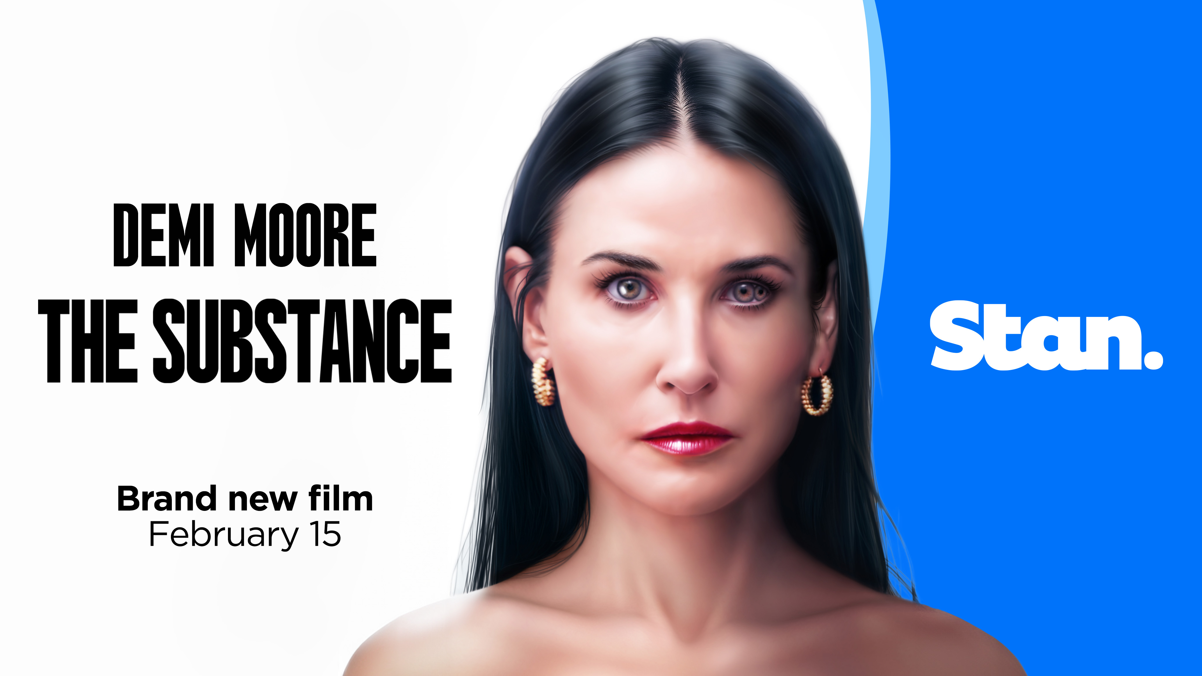 The Substance key art of woman staring with one eye containing two pupils and black text of title