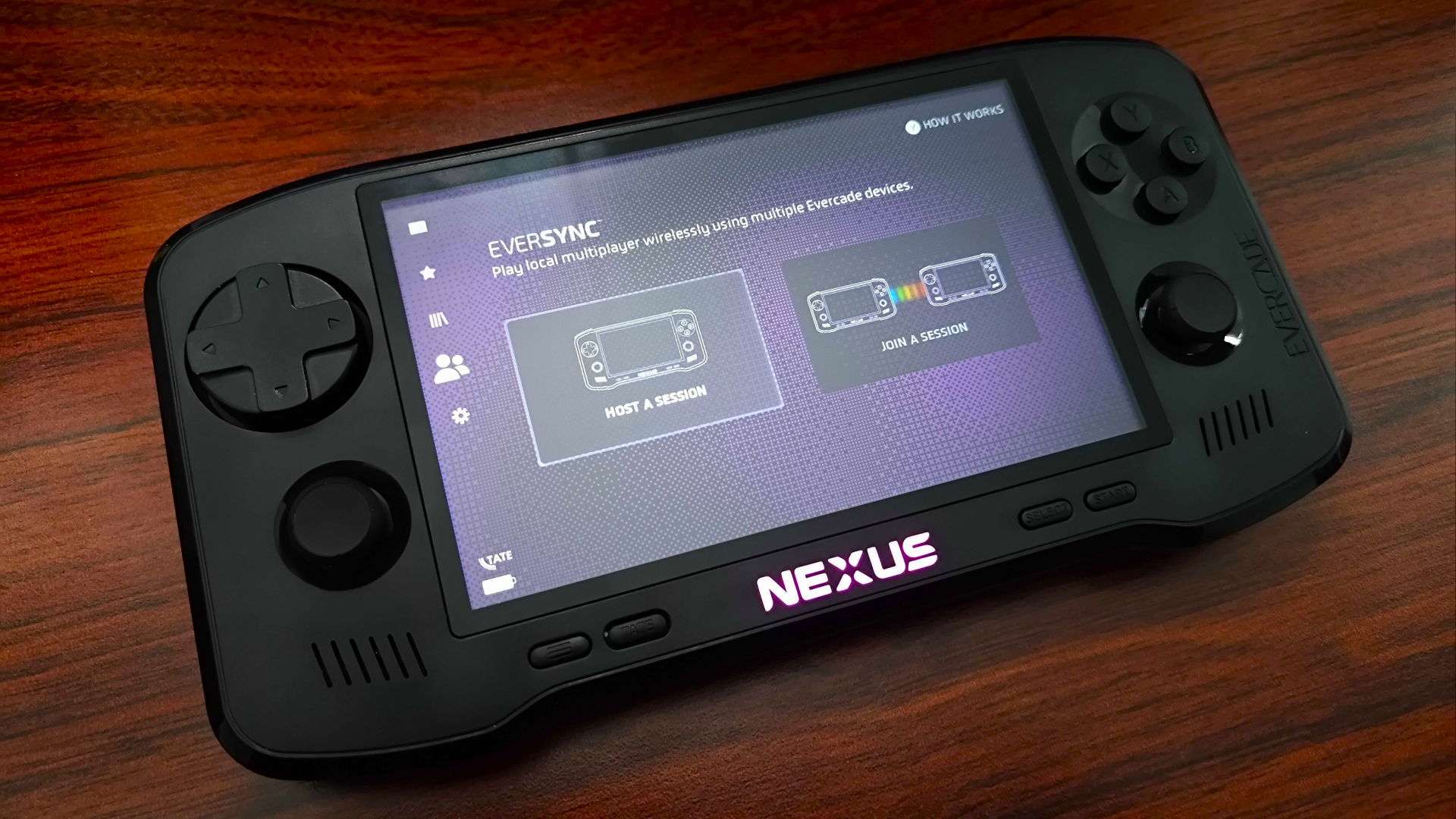 Evercade Nexus on woodgrain desk with EverSync multiplayer menu open.