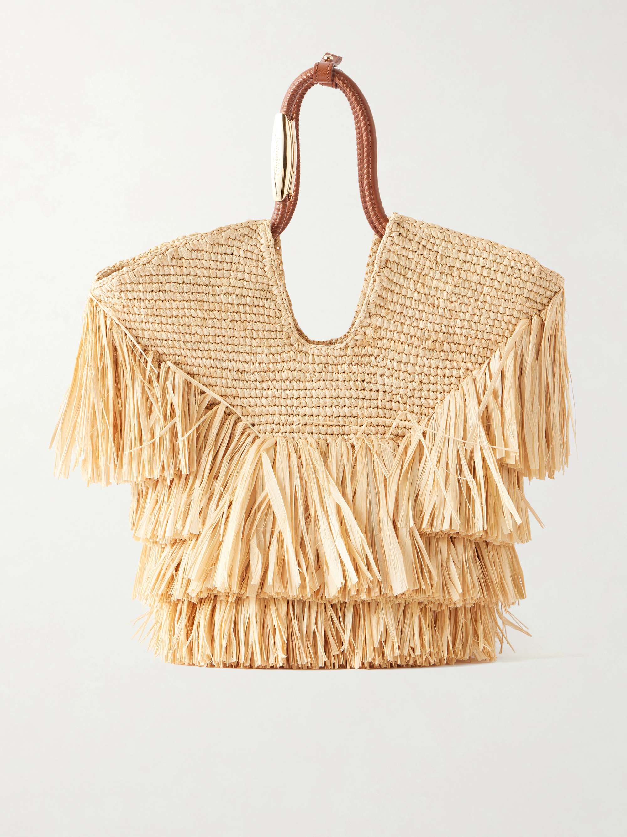 Goldentime Small Leather-Trimmed Fringed Raffia Tote