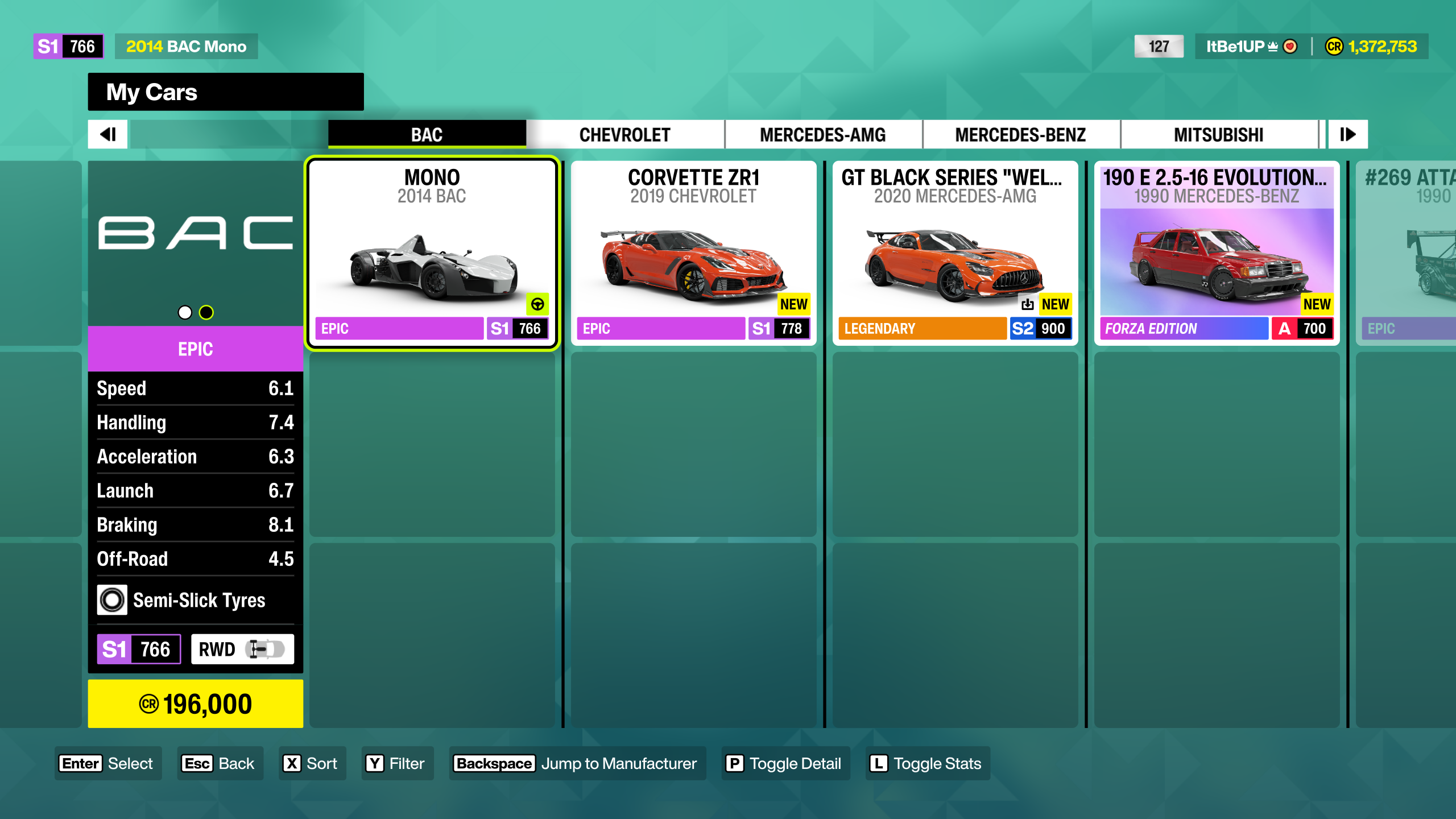 Forza Horizon 6 Track Toys: The player's garage, filtered by Track Toy cars.