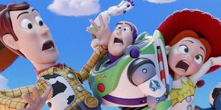 Toy Story 4 Woody, Buzz, and Jessie collapse into each other chaotically
