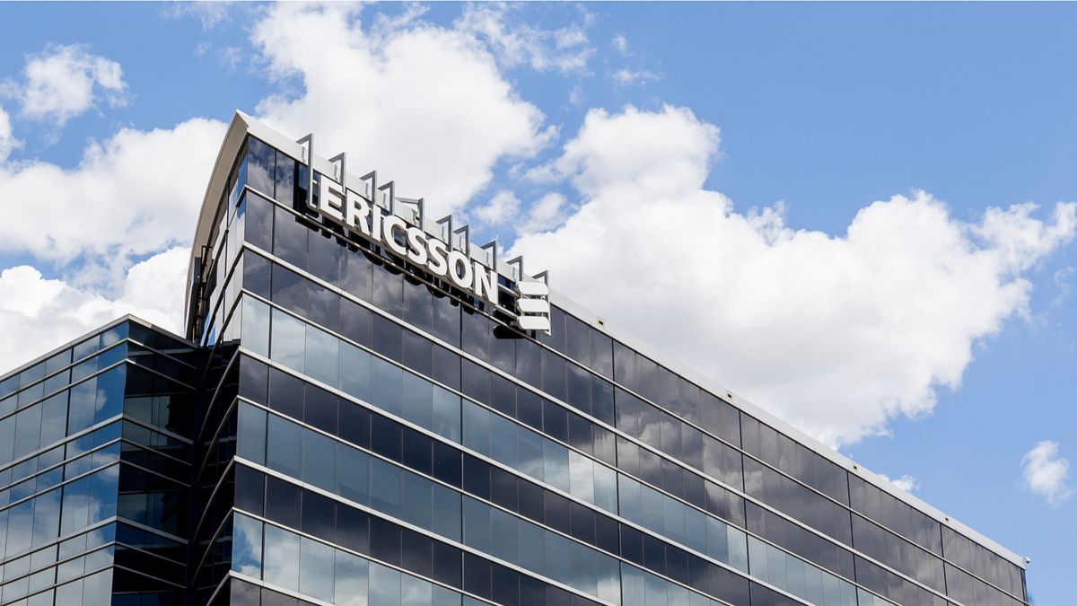 Ericsson HQ at an angle with cloudy sky in the background