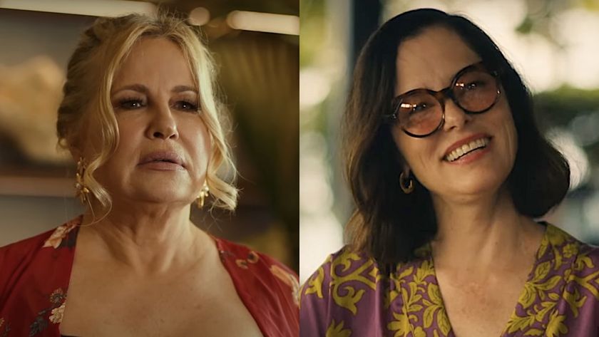 Jennifer Coolidge in The White Lotus wearing red/ Parker Posey wearing sunglasses in The White Lotus (side by side image)