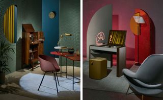 Two images of living room space, Left: Pale green textured walls, grey floor, wall mirror, dark wood cabinet, wooden desk and pink chair, potted plant, wall clock, gold desk lamp. Right: pink wall with half arch way, grey desk, grey chair, computer screen, grey floor, black floor stand, red and gold design pice on the far wall, pink strobe desk light