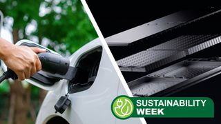 A hand holding an electric car charger next to a graphic of a new EV battery by CATL