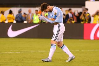 Lionel Messi reacts after missing a penalty for Argentina against Chile in the final of the Copa America Centenario in 2016.