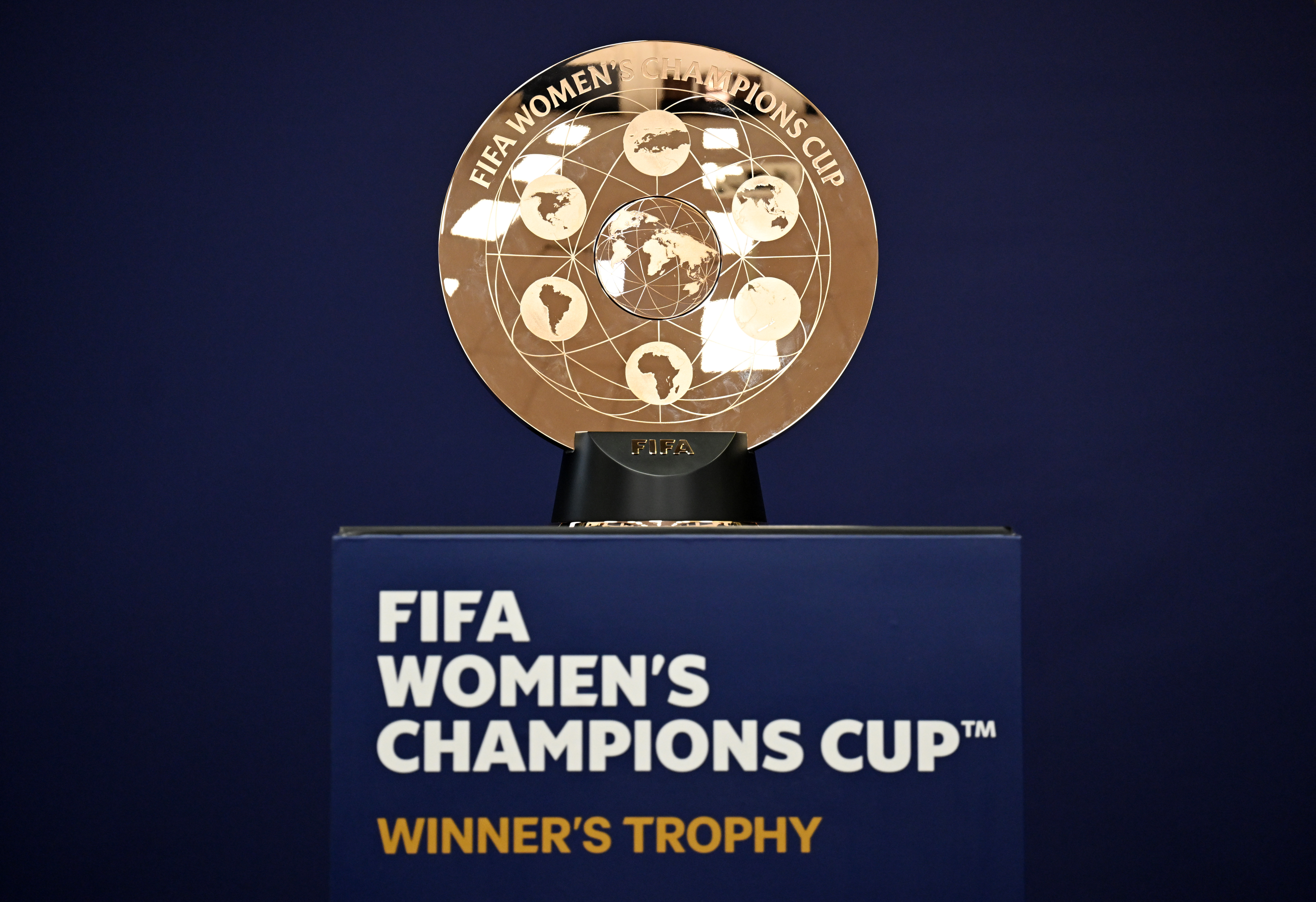 BRENTFORD, ENGLAND - JANUARY 19: The FIFA Women's Champions Cup Trophy is pictured during the reveal at Lionel Primary School on January 19, 2026 in Brentford, England.
