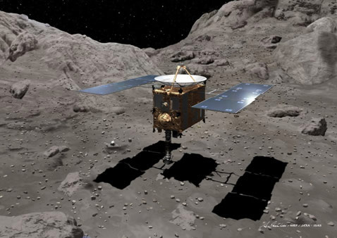 Artist’s concept of Japan’s Hayabusa spacecraft beginning to gather samples from Itokawa asteroid.