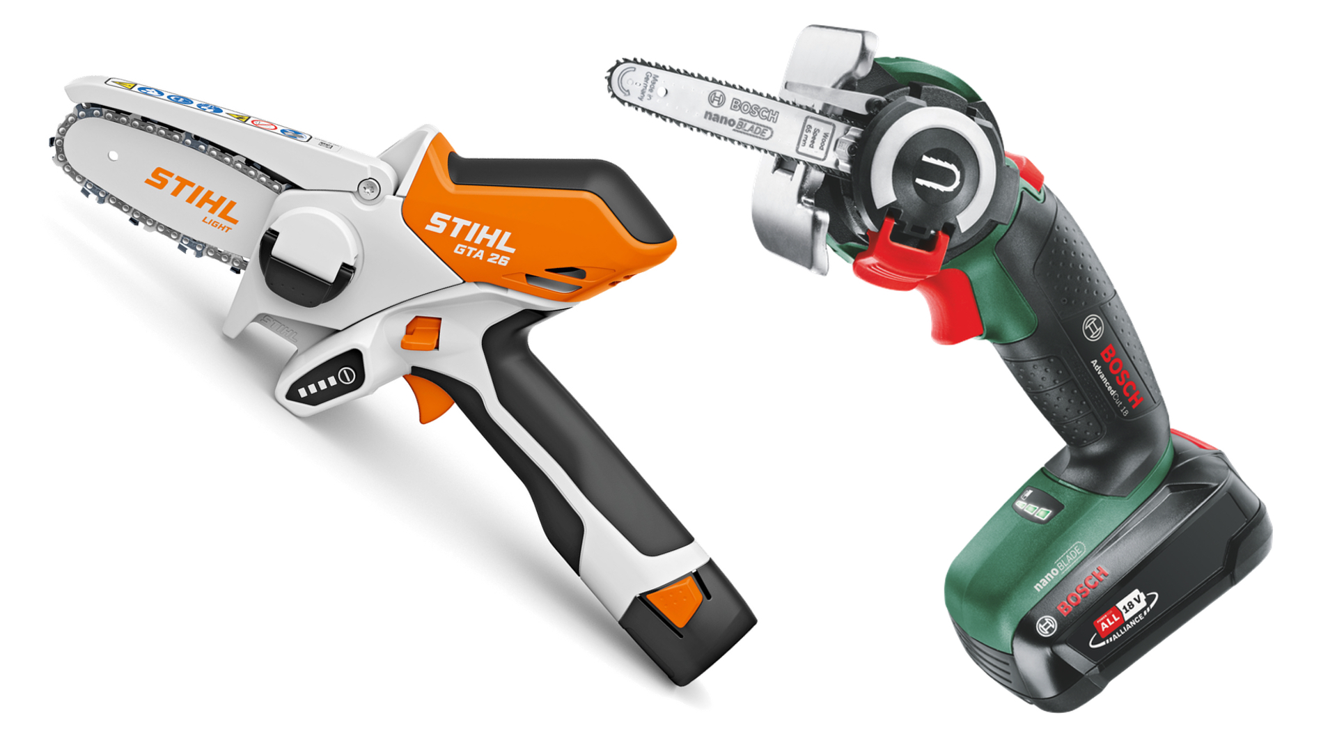 Stihl GTA 26 vs Bosch AdvancedCut 18: two top mini chainsaws